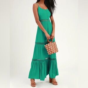Sleeveless Green Maxi Dress with Crochet Panels
